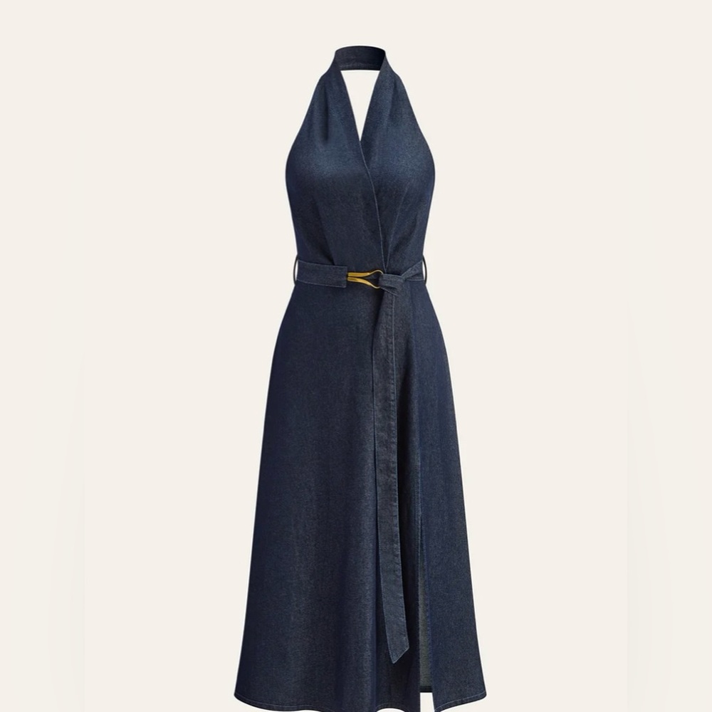 Elegant denim halter dress with gold detail belt